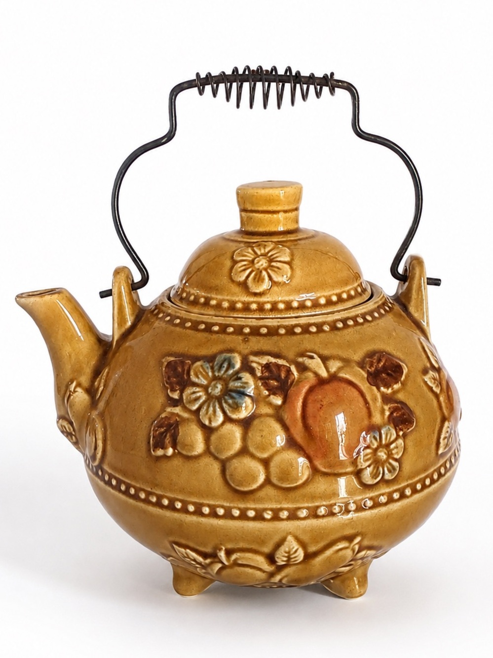 Vintage Japan Mustard Yellow Ceramic Teapot Embossed Fruit Flowers Wire Handle